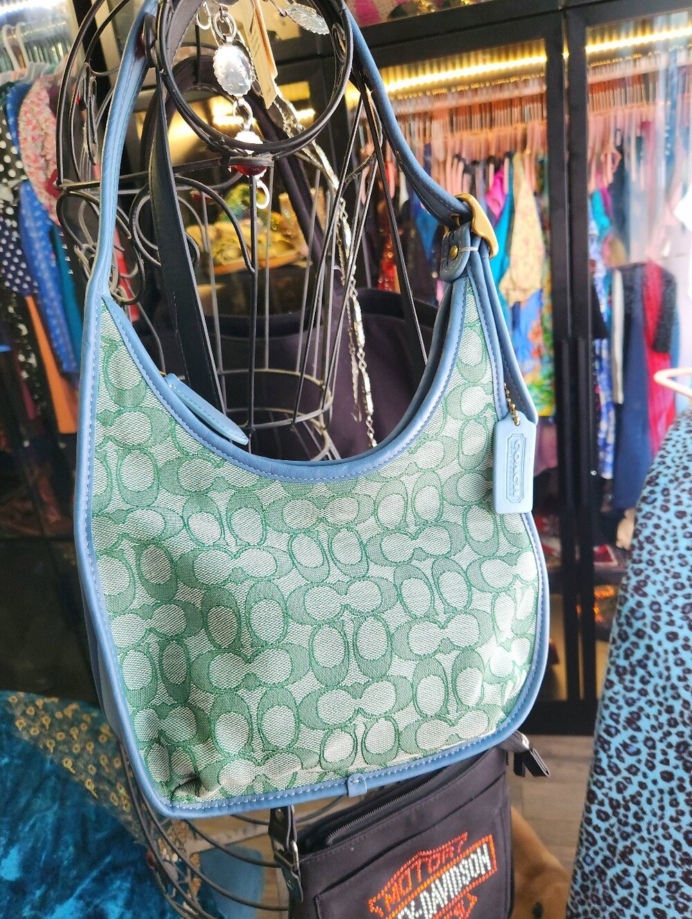 Coach Green Signature Crescent Shoulder Bag with Blue Trim